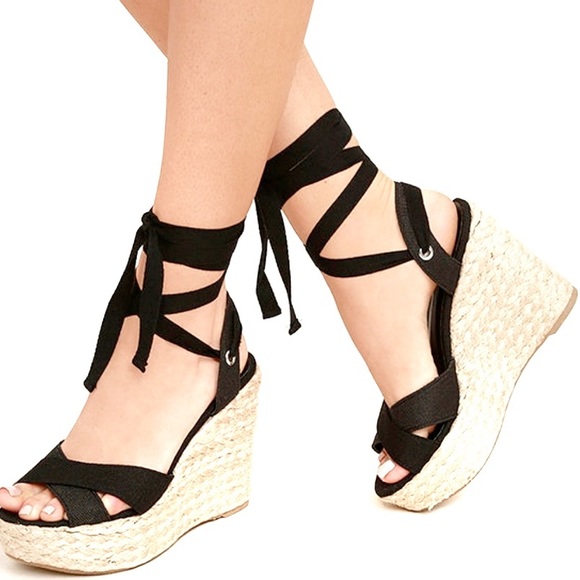 Lulus Shoes - Lulus Esme Black Espadrille Wedges w/ tie ankle